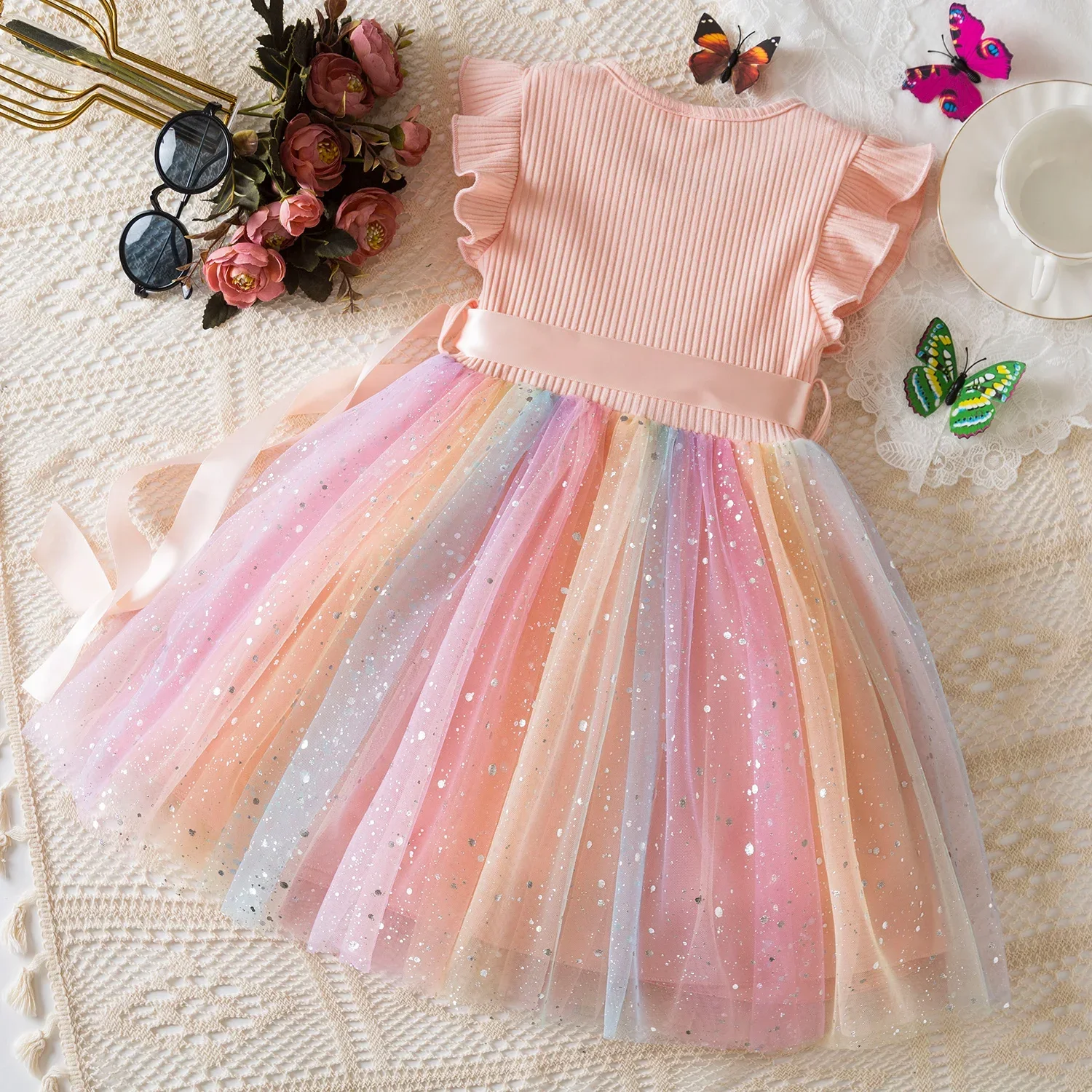 New Girls Dress for Sequins Birthday 1-5Y Toddler Girls Rainbow Tulle Dress Sweet Kids Princess Dress for Girls 2025 Summer Wear