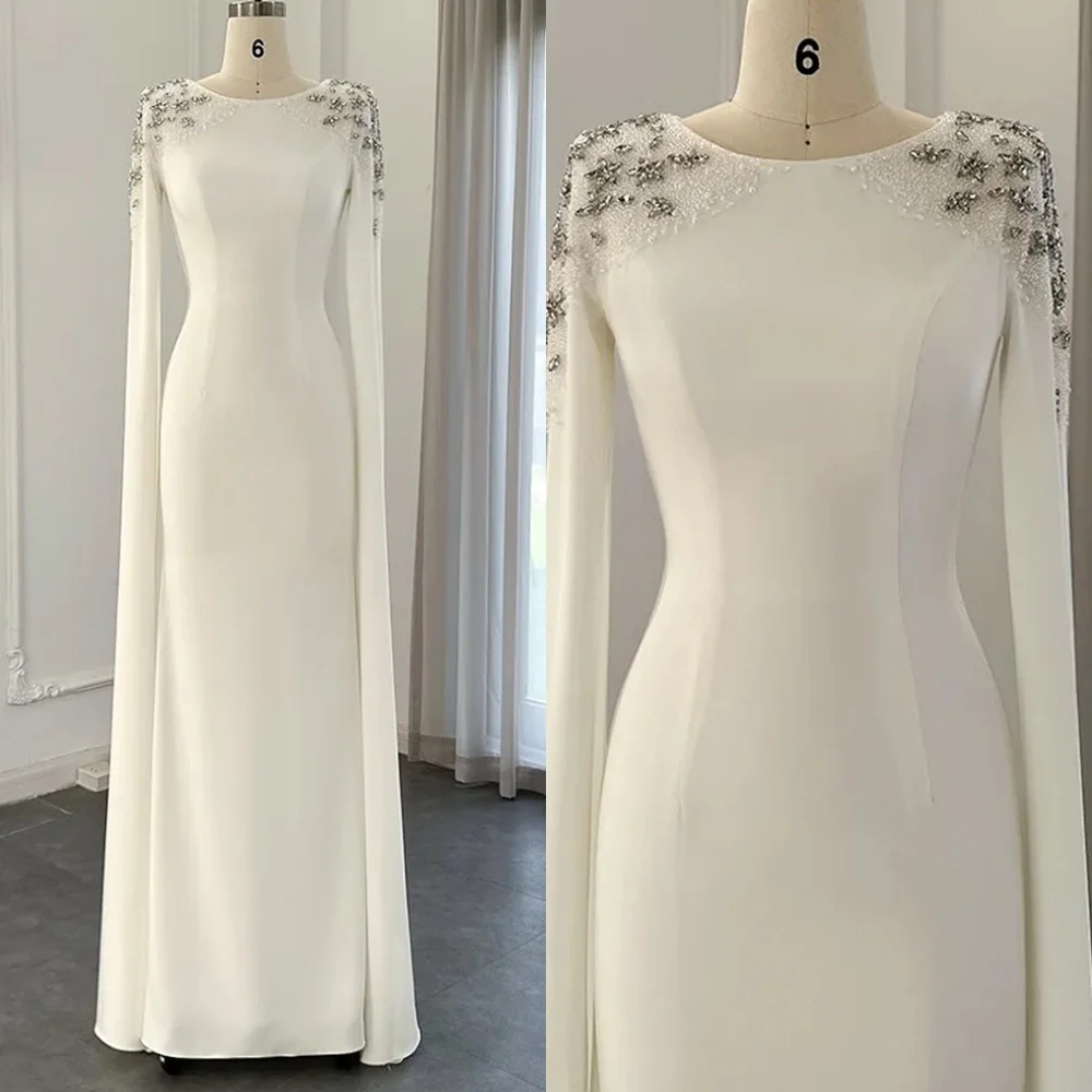 

Customized Temperament White Jersey Evening Dress High Quality Scoop Long Sleeves Zipper Back Crystal Special Occasion Gowns