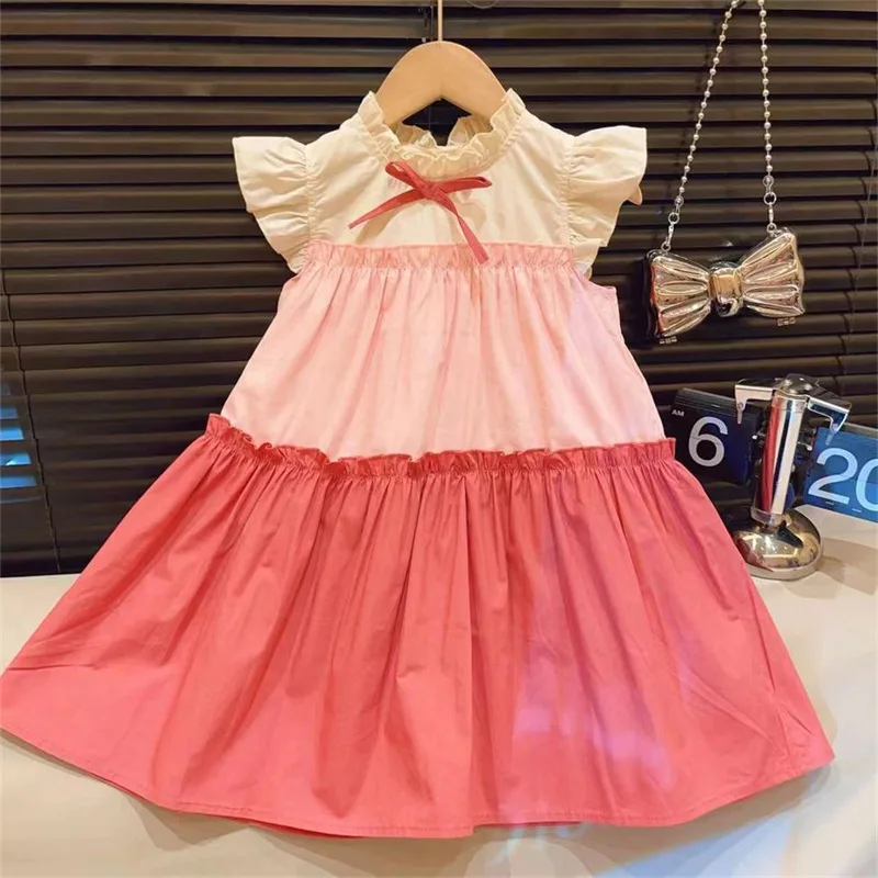 2024Girls' Patchwork Color Dress Summer New Western Style Fashion Short Sleeve Skirt Little Girl Princess Dress