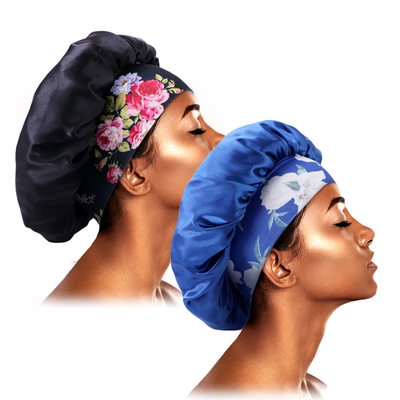 2PCS/LOT Satin Night Sleep Cap Elastic Wide Headband Hair Satin Bonnet Women Beauty Salon Floral Print Head Cover bonnet de nuit