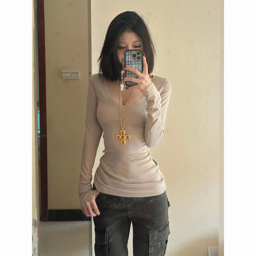 

Long Sleeve T-Shirts Women Bohemian Style Cotton Tops Relaxed Fit Pink O Neck Stretch Comfortable Fabric Fall Winter Retro Daily