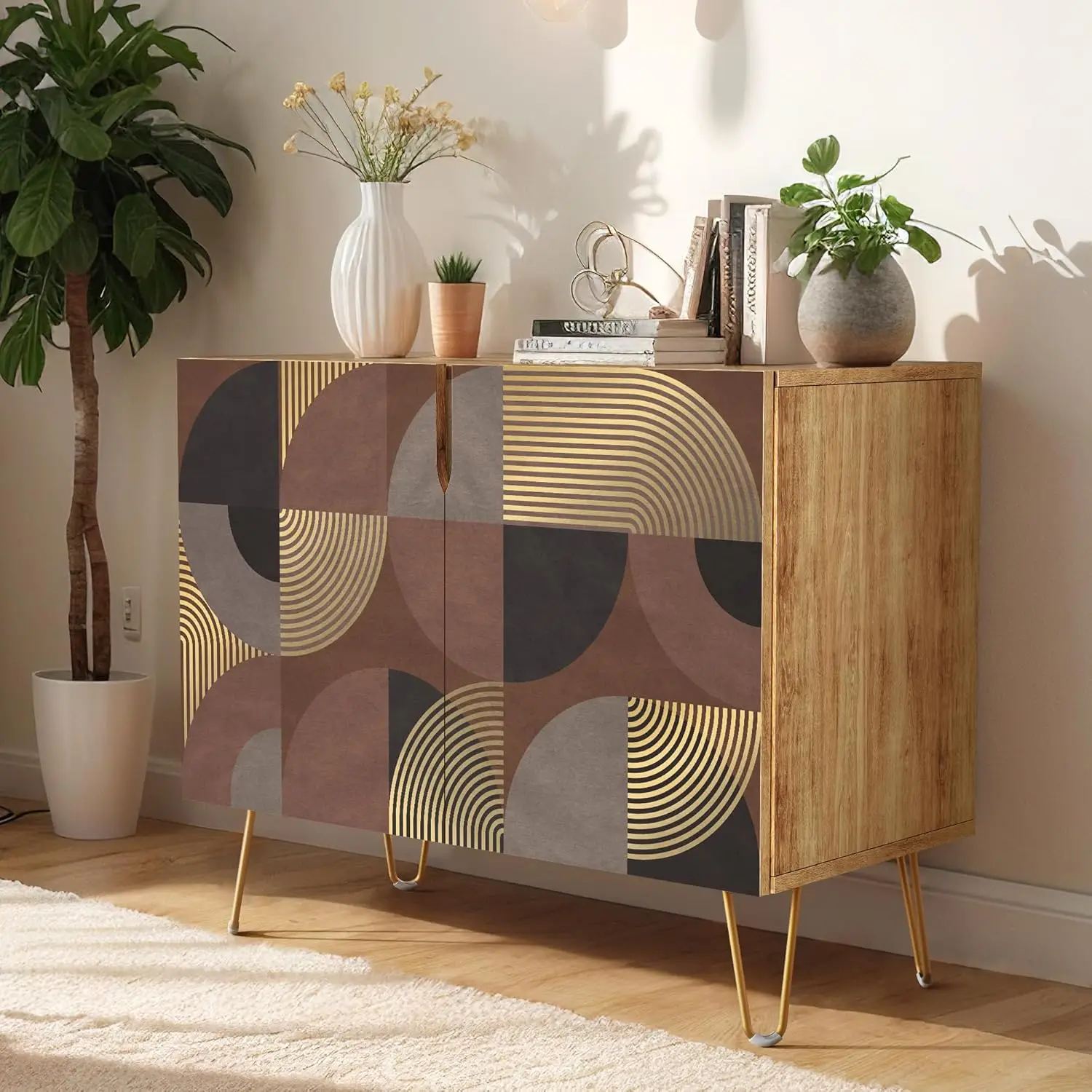 Sideboard Buffet Cabinet Kitchen Storage Cabinet with 2 Doors Black Brown Gold Geometric Polygons Abstract Shapes