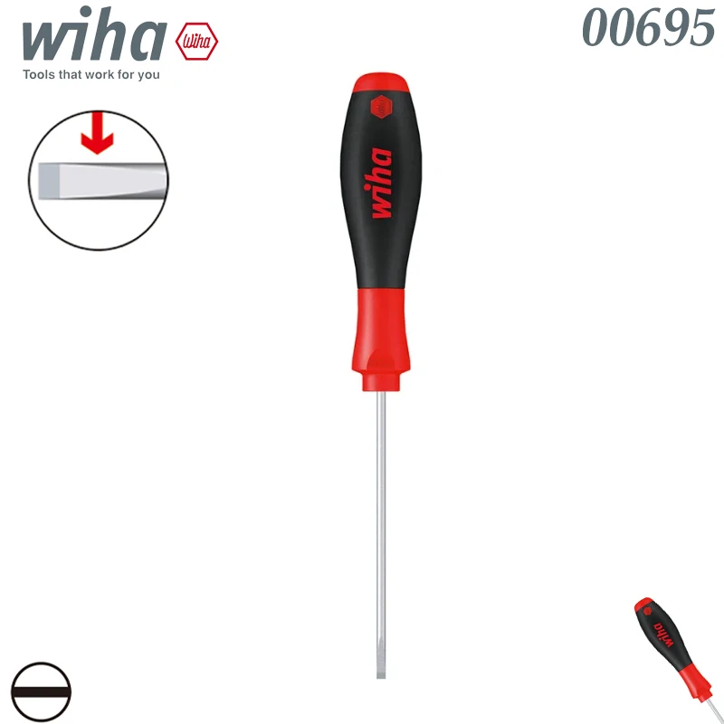Wiha 00695 Slotted Screwdriver, SL4.0×200mm 3-Zone Anti-Slip Soft Grip Flat Blade Hand Repair Tool