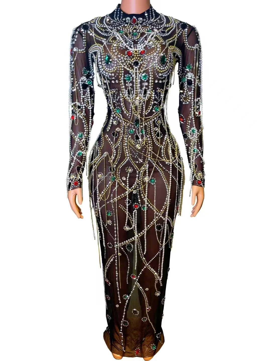 

Luxury Birthday Pear Rhinestone Long DressFor Women Drag Queen Costume Hot DrillingProcess Celebrity Stretch Stage Wear A601