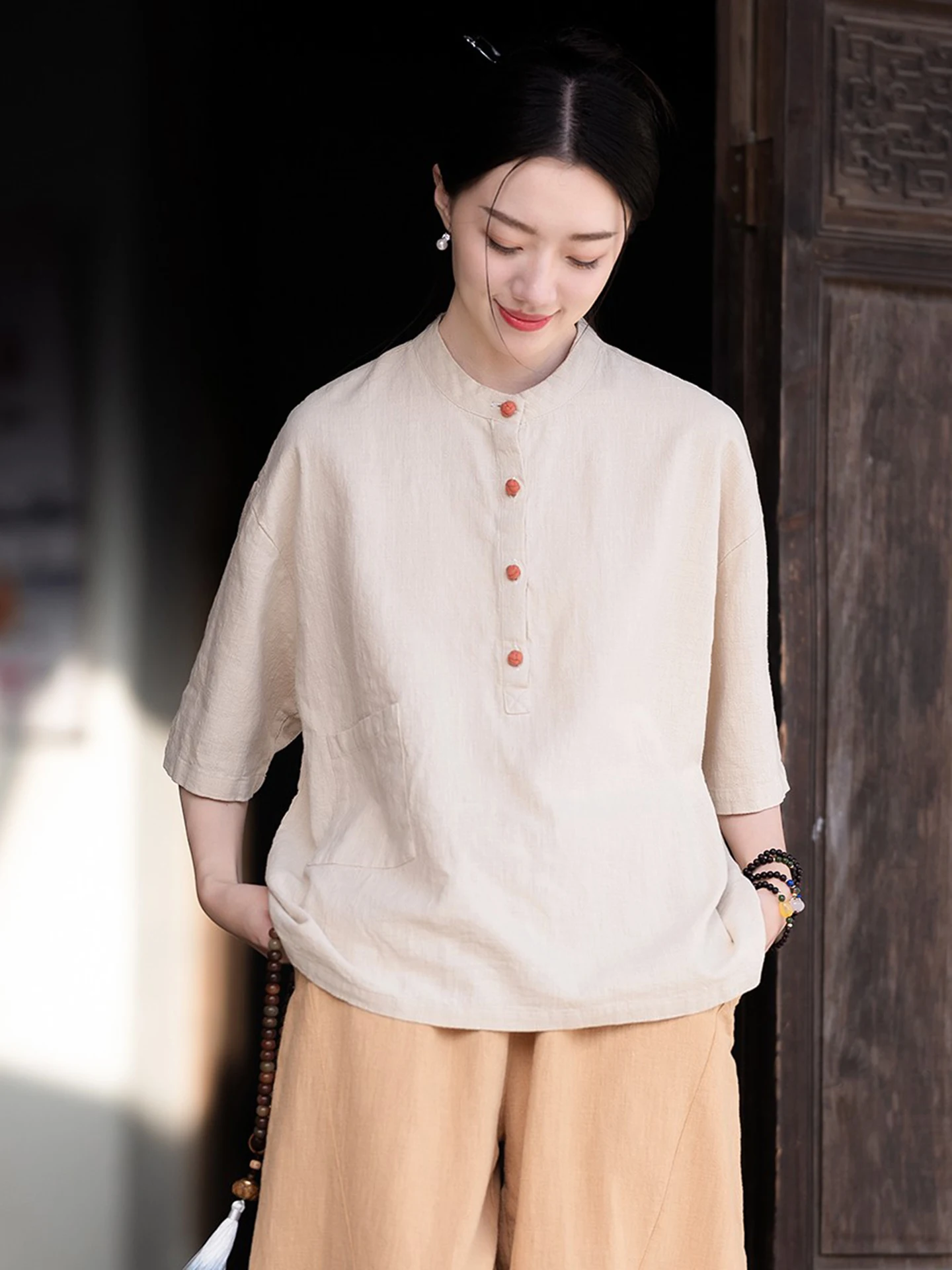 New Chinese Style Women's Artistic Cotton Linen Short Sleeve Shirt Buttoned Tea Ceremony Clothing T-Shirt Loose Fit Summer Wear