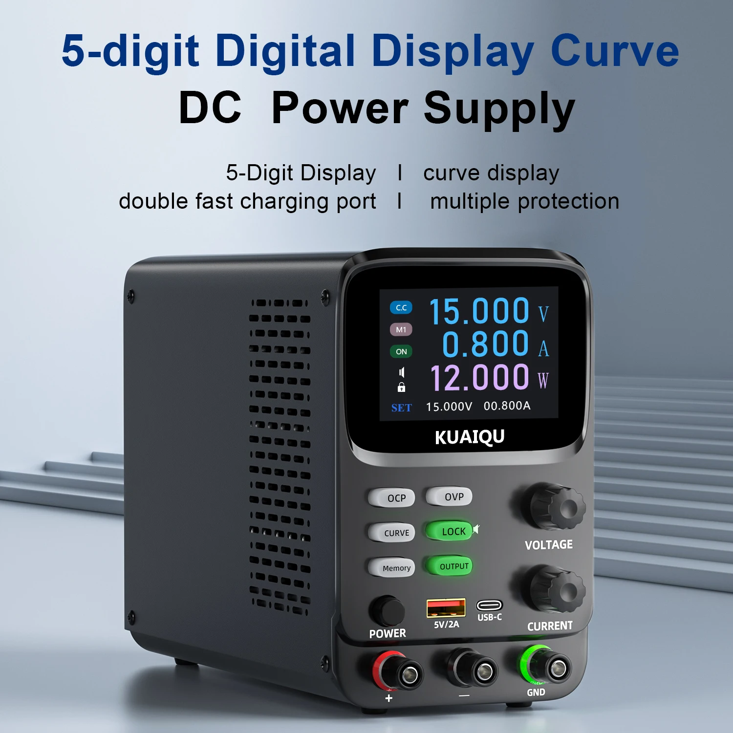 KUAIQU Lab Teste Curve DC Power Supply TFT 5-Digit Bench Voltage Regulator 30V 10A 5A 300W Adjustable OCP OVP Switching Source