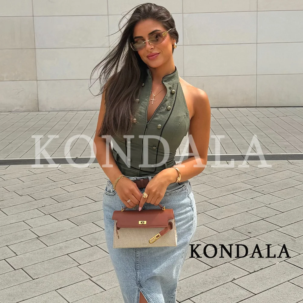 KONDALA Women Vintage Elegant Halter Vest 2026 Summer Trendy High Street Chic Vest Female Casual Buttons Trim Zipper Vest Tops