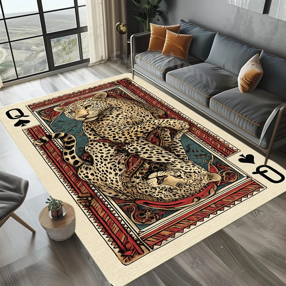 Regal Panther Queen Area Rug Red Black Playing Card Design Carpet with Spade Symbols for Game Room Decor Non-Slip Floor Mat