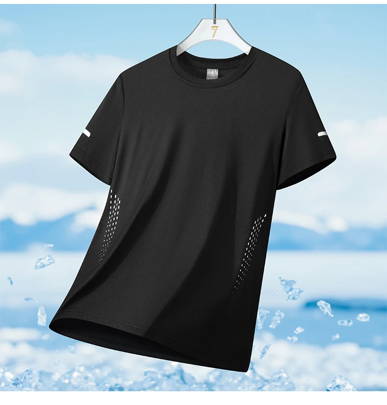 CHRLCK Herren-Lauf-T-Shirts, schnell trocknend, atmungsaktiv, zum Wandern, Angeln, weiche Elastizität, Outdoor-Sport, kurzes Hemd, Sommer – Detail 17