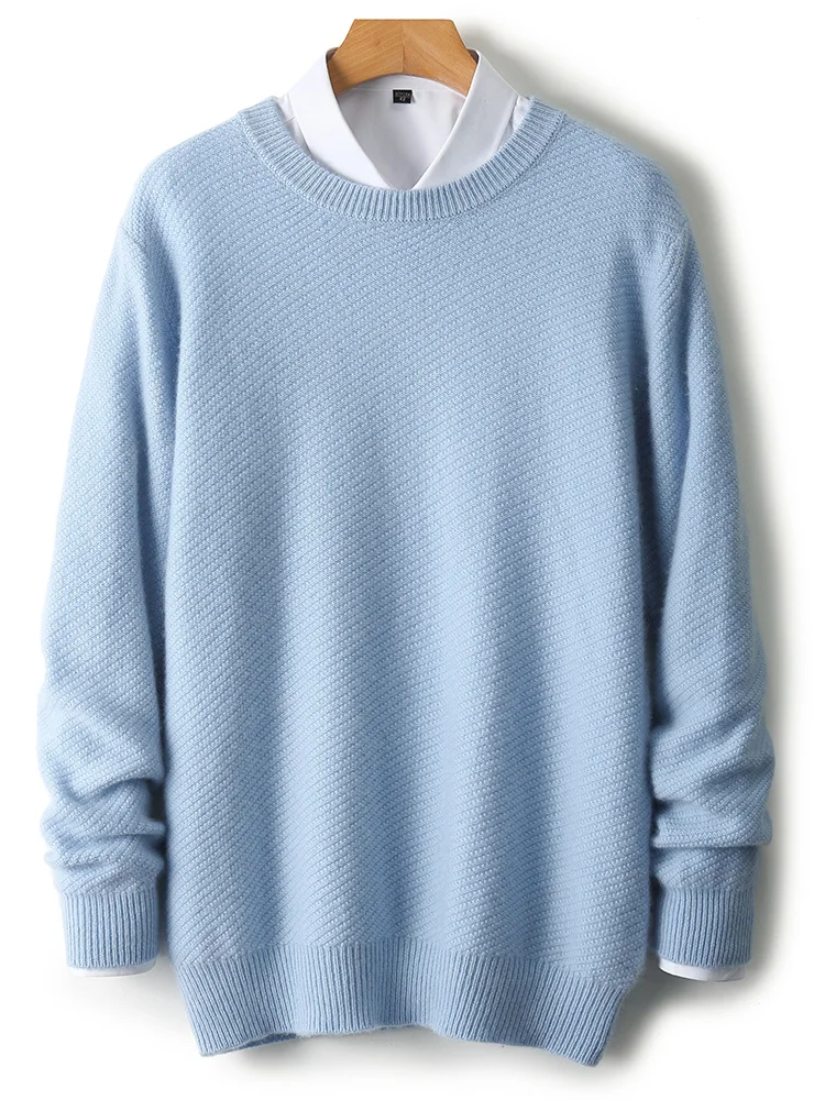 Men’s Casual Loose Autumn Winter Thick O-Neck Solid Pullover 100% Merino Wool Knitted Sweater Soft Warm Clothing Top