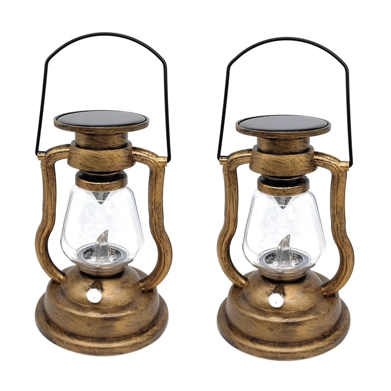 

2X Retro Solar Hanging Candle Light Leds Oil Lamp Flickering Flameless Solar Lantern Outdoor Garden Yard Lighting-Gold