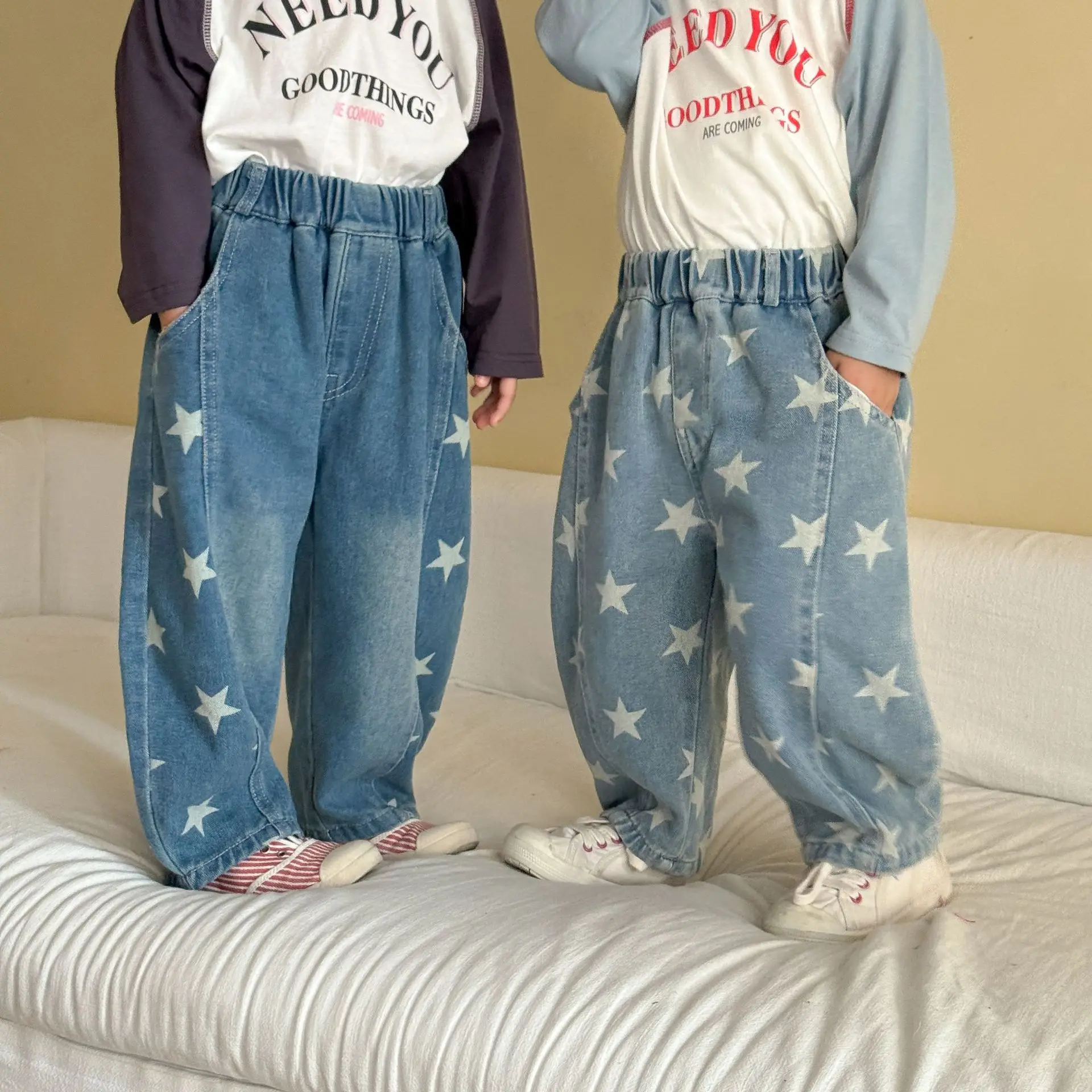 2026 Autumn New Children Loose Denim Trousers Boys Fashion Harem Pants Girls Star Print Jeans Kids Casual Pants Baby Clothes