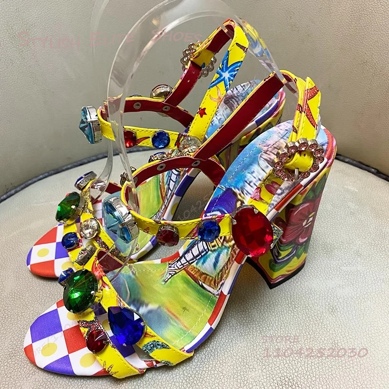 

Colorful Ethnic Style Graffiti Sandals Women Flower Print Blue Gemstone Thick Bead Open Heels Round Toe Buckle Ankle Chain Shoes