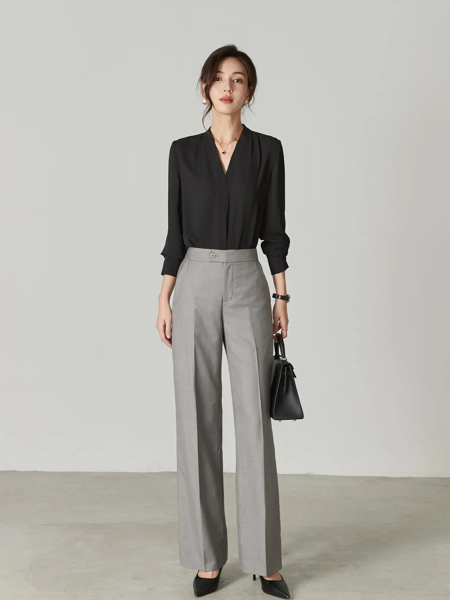 

Женская профессиональная офисная рубашка Bla Slim Fit с длинным рукавом и V-образным вырезом из полиэстера, базовый слой для работы и повседневной носки