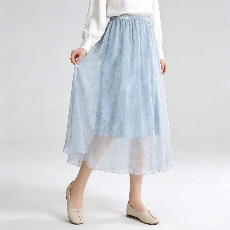 2026 Women's Casual New Tie Dye Style Non Splicing 100% Natural Mulberry Silk Georgette High Waist Large Swing Beach Skirt