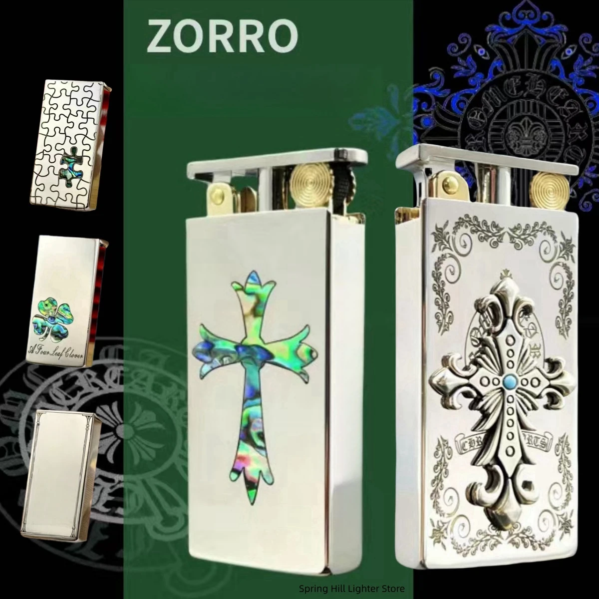 ZORRO Brass White Nickel Inlaid Color Shell Double sided Laser Sculpture Kerosene Lighter Retro Limited Edition Collection Gifts