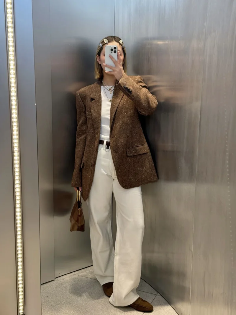 ETJ 2025 collection hiver femme Maillard couleur deux boutons mélange motif chevrons veste de costume décontractée