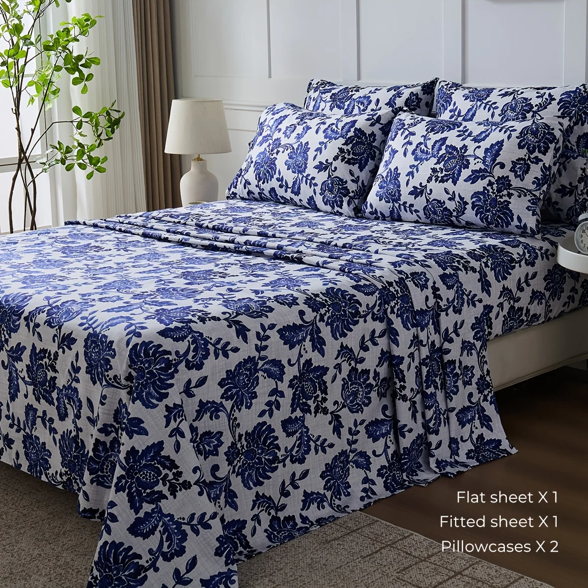 

Комплект постельного белья Queen Size из 6 предметов - с цветочным узором, устойчивый к сминанию и выцветанию, чехол для матраса | с глубокими карманами на 18 дюймов