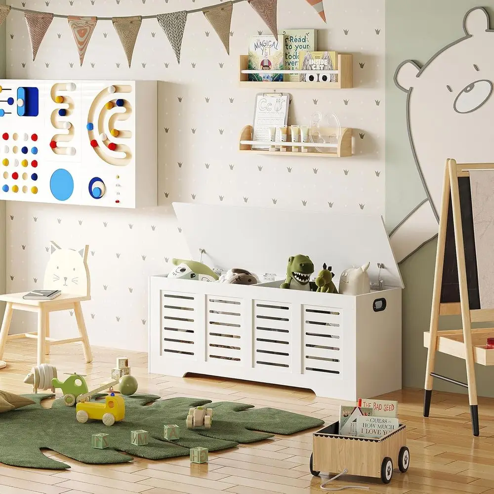 Grande cassapanca portaoggetti in legno con cerniere di sicurezza, panca portaoggetti retrò per scarpe, ribaltabile, soggiorno e camera da letto, facile montaggio, bianco