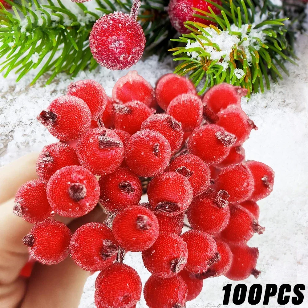 Mini Artificial Frosted Holly Berries, Bagas de Frutas Falsas, Estame para Grinalda DIY, Decoração de Festa de Natal, 100 Pcs, 20Pcs