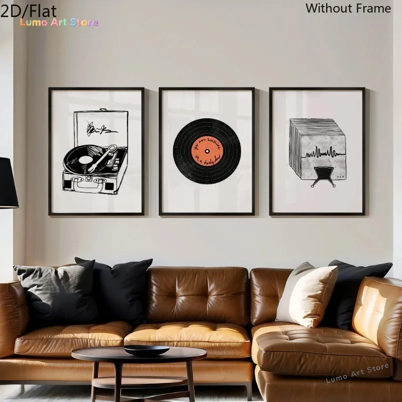 2D Flat, 2D Flat, 2D Flat Posters And Prints Three Modern Vinyl Record Music Lover Phonograph Art Decorative Paintings, Wall
