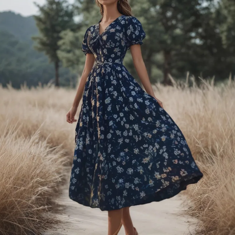 

woman clothes New Arrival Simple Fashion Long Dress Spring Summer Short Sleeve Crew Neck Printed Elegant Women Casual Midi Dress