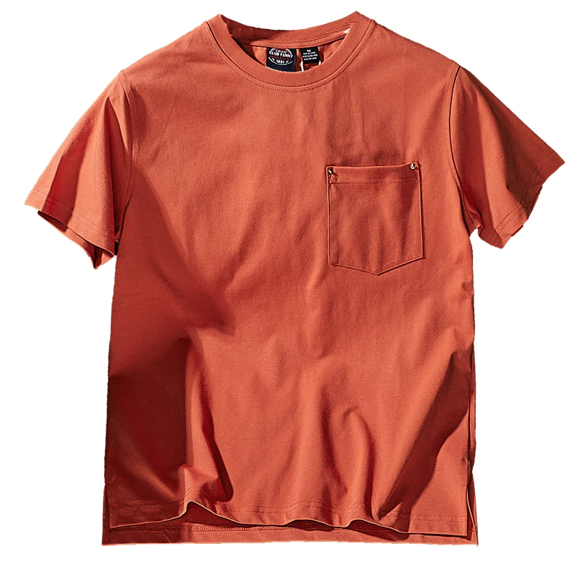 

Summer New American Retro Short-sleeved O-neck Pocket Solid Color T-shirt Men's Fashion 100% Cotton Washed Casual Couple Tops