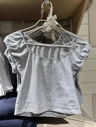 T-shirt da donna in cotone grigio dolce Sexy estate Solid Scoop Neck Slim manica corta t-shirt donna Casual Vintage Y2k Crop Top 2023