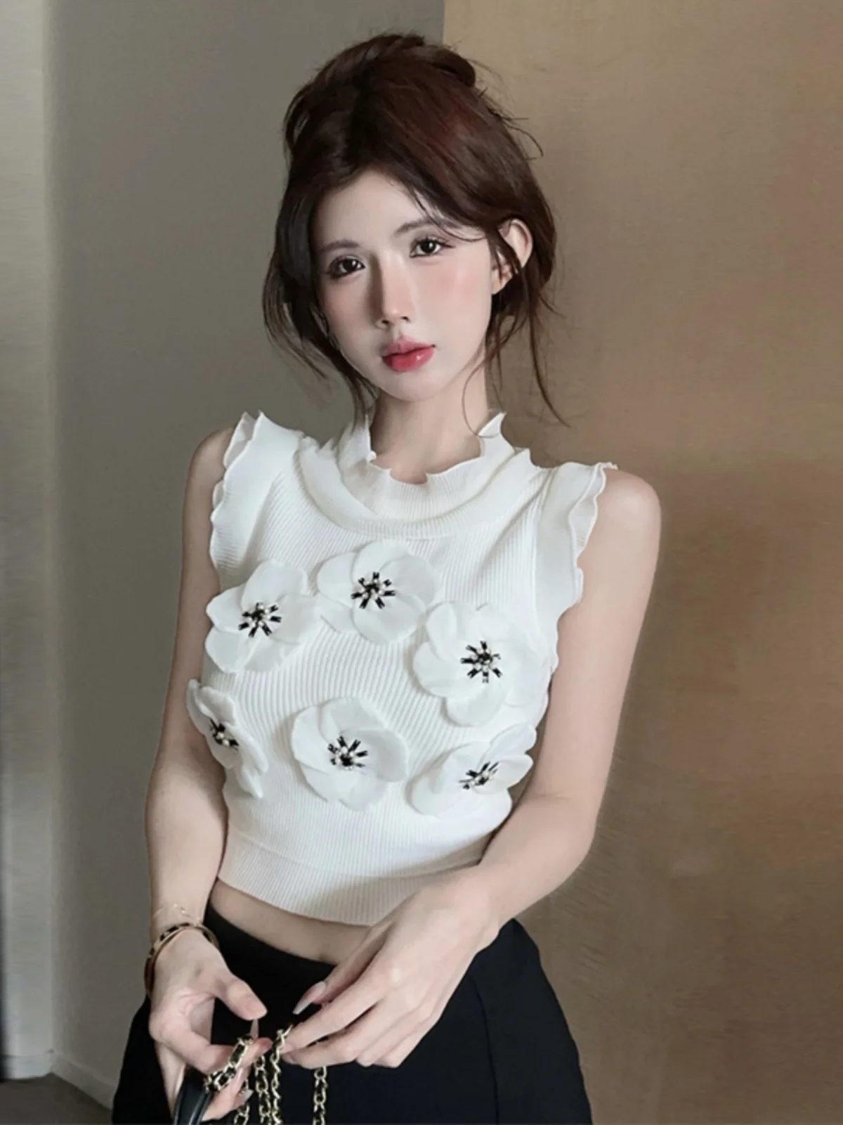 

Gege домашний вязаный жилет с рюшами на бретельках, верхняя одежда без рукавов, модная футболка из полиэфирного волокна, лето 2024, модная футболка