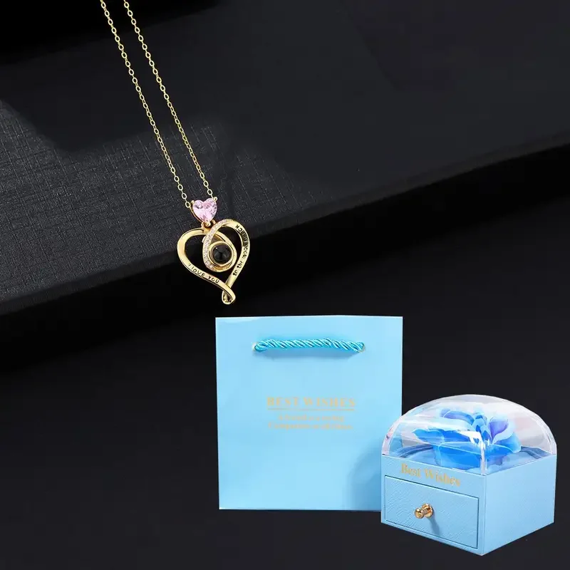 Customized Color Photo Projection Heart Necklaces With Rose Flower Gift Box Romantic Jewelry Family Birthday