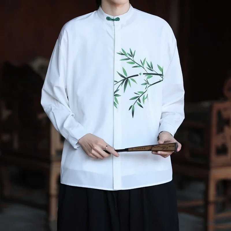 قميص الحرير الجليد الرجال الخيزران طباعة النمط الصيني مريح تنفس قميص Vintage رجالي الصيف عادية فضفاضة تناسب ملابس علوية الرجال