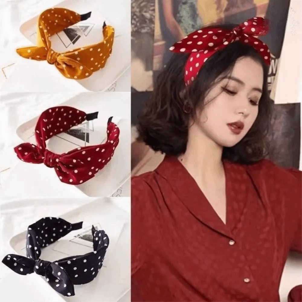 Bow Knot Women's Wide Headband Cross Printed Retro Polka Dot Hairband Korean Style Rabbit Ear Hair Hoop Headwear