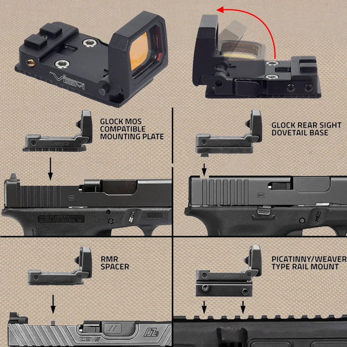 

Tactical Trijicon RMR VISM Flip Up Red Dot Sight Collimator 1913 Mount For Glock 17 Airsoft Weapons Riflescope 20mm Rail Scope