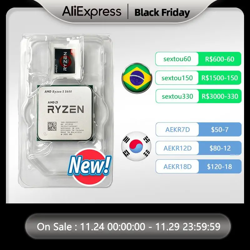 Top AMD Ryzen 5 5600 R5 5600 3.5 GHz 6-Core 12-Thread CPU Processor 7NM L3=32M 100-000000927 Socket AM4 New and without cooler