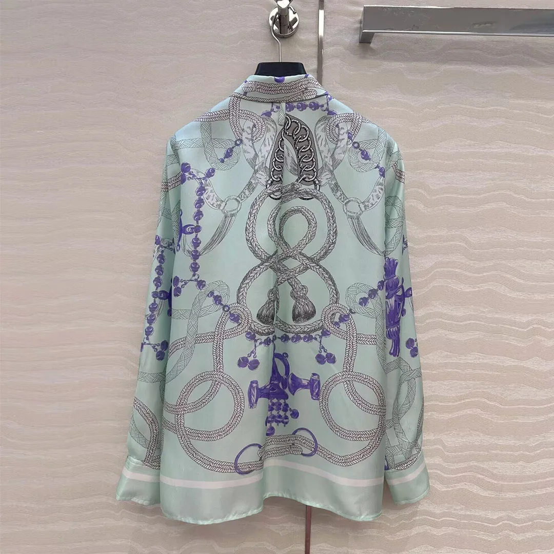 2025 ربيع جديد موضة 100% حك قميص حريري المرأة خمر حبل العرقية طباعة نمط التلبيب كم طويل بلوزات غير رسمية