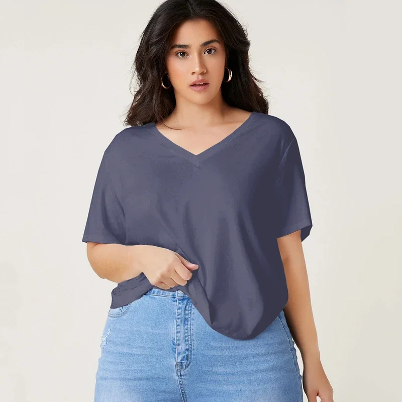 Plus Size V-neck Short Sleeve Summer Casual Top Women Drop Shoulder Loose Oversize Solid Purple Basic T-shirt Tee Large Size 7XL