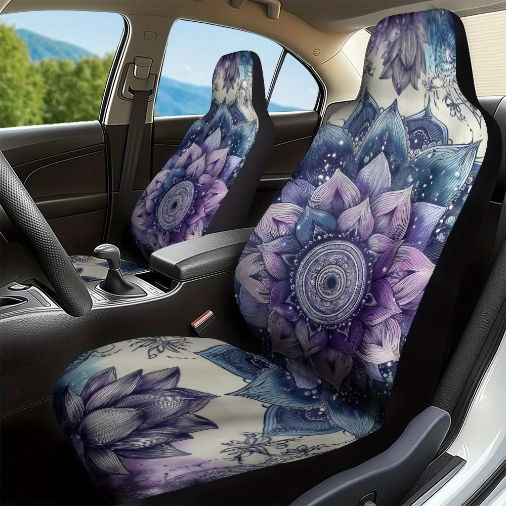 2pcs Mandala Floral Geometric Spiral Blossoms Car Seat Covers - Soft Washable Polyester, Universal Fit For SUV, Sedan, Truck, Mo