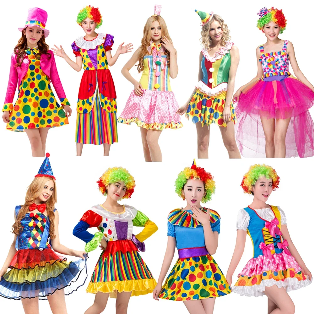 Adult Rainbow Circus Clown Costume for Women Funny Joker Girls Birthday Carnival Party Outfit Sweet Clothes No Wig