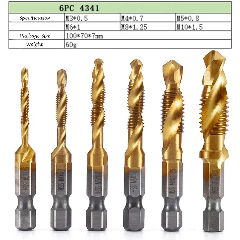 6pcs M3-M10 Screw Tap Drill Bits Hss Taps Countersink Deburr Set Metric Combination Bit High Speed Steel 1/4 IN Quick Change Hex