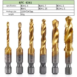 6pcs M3-M10 Screw Tap Drill Bits Hss Taps Countersink Deburr Set Metric Combination Bit High Speed Steel 1/4 IN Quick Change Hex