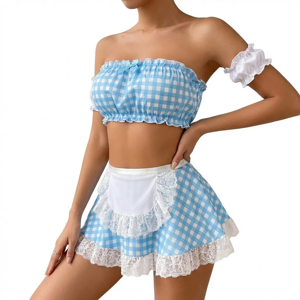 

Sexy Maid Lingerie Costume Tartan Plunge Corset Dress with Thigh High Stockings Garter Belt, Erotic Role Play Outfit for Women