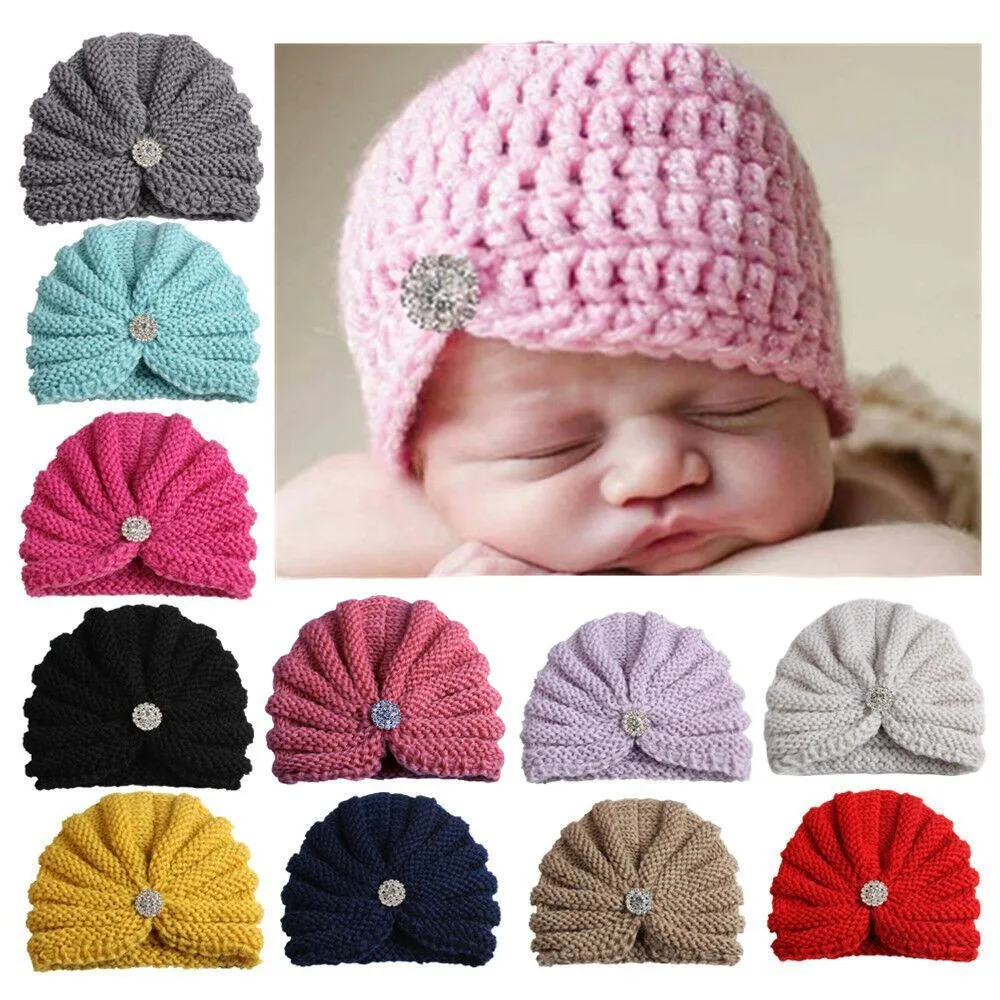 

Autumn and Winter Baby Girls Knitted Hats with Rhinestone Candy Color Knit Newborn Beanie Hat Baby Sweet Cute Cap Accessories