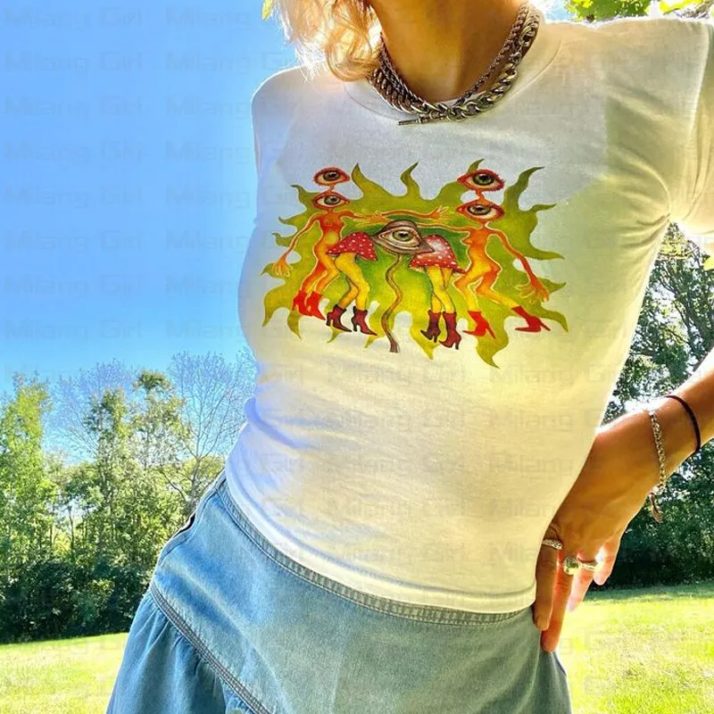 

Abstract Mushroom Printed Women Crop Tops Y2k Gothic Punk T Shirt 2000s Short Sleeve Streetwear Summer Baby Tee Girl's Clothing