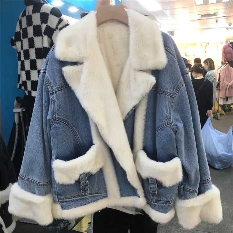 

lapel 2023 Korean winter new pocket stitching imitation mink fur denim jacket women fleece warm loose casual fashion coat Y3173