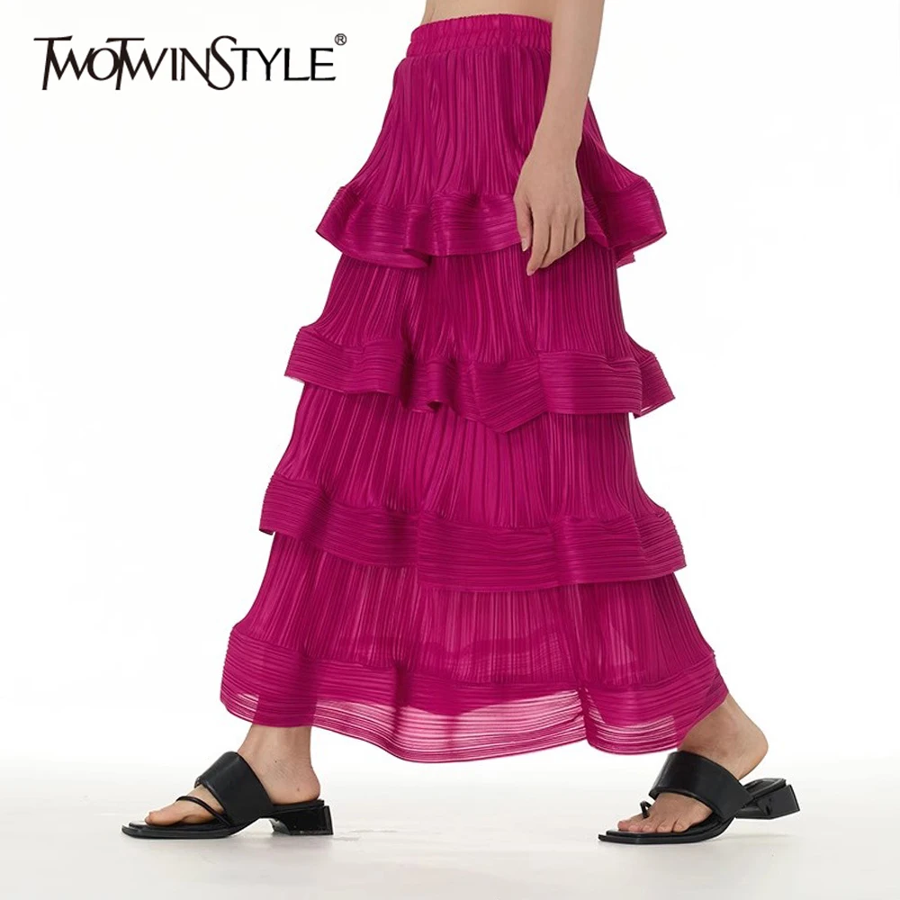 TWOTWINSTYLE Solid Spliced Ruffles Elegant Skirts For Women High Waist Chic Loose Casual Skiets Female Fashion Style Clothes New