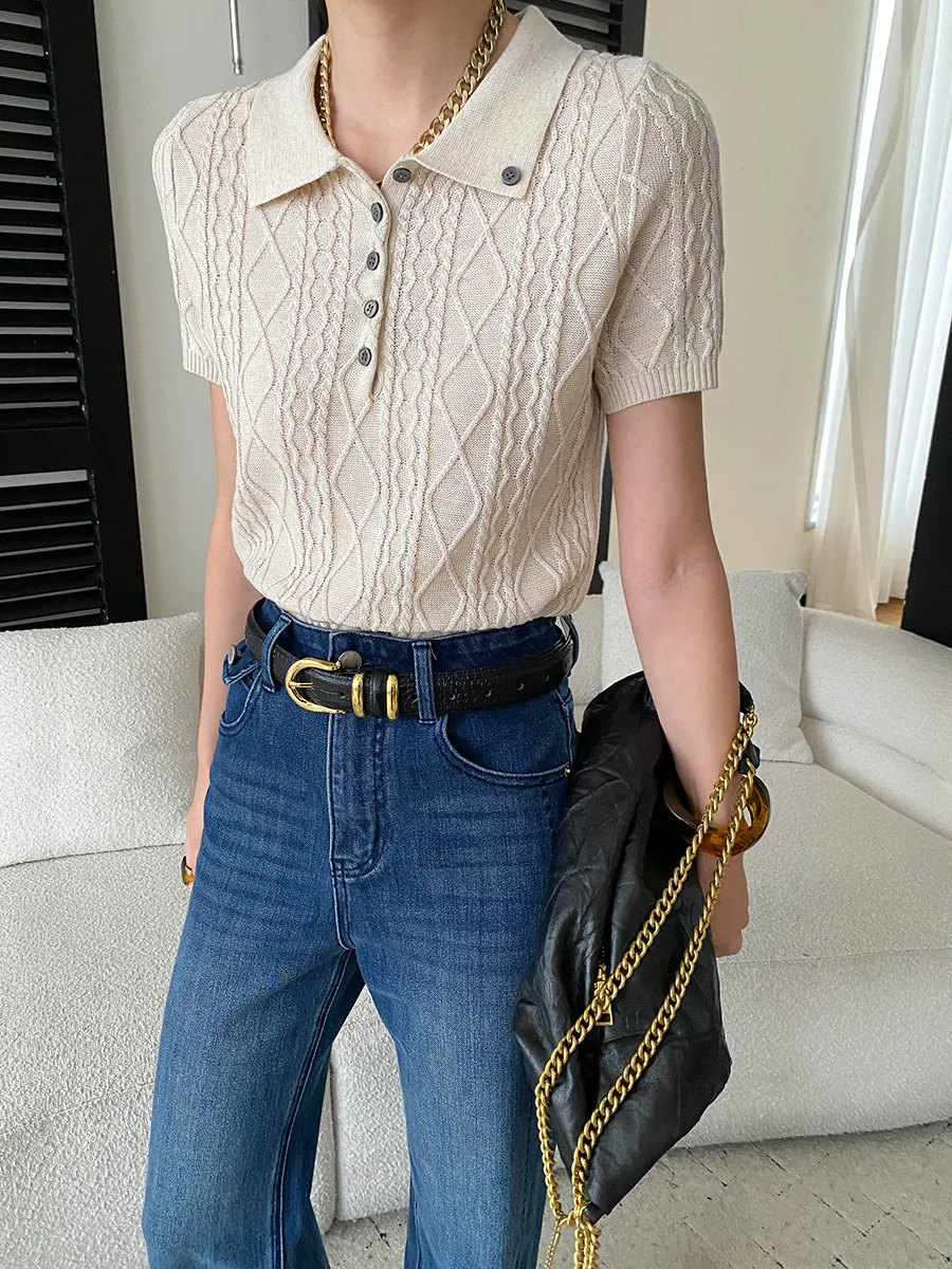 Autumn new casual solid color retro diamond grid lapel short sleeved sweater