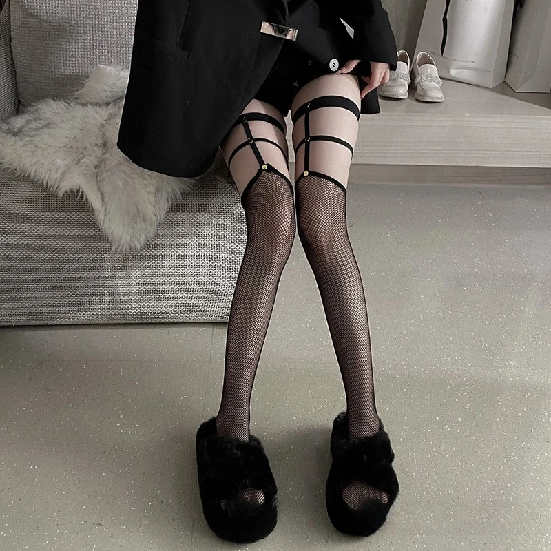 1 Paar Sexy Nieten-Beinriemen Damen Seidenstrümpfe Schwarz Neuer Dünner Stil Reine Mesh-Overknee-Socken 2026