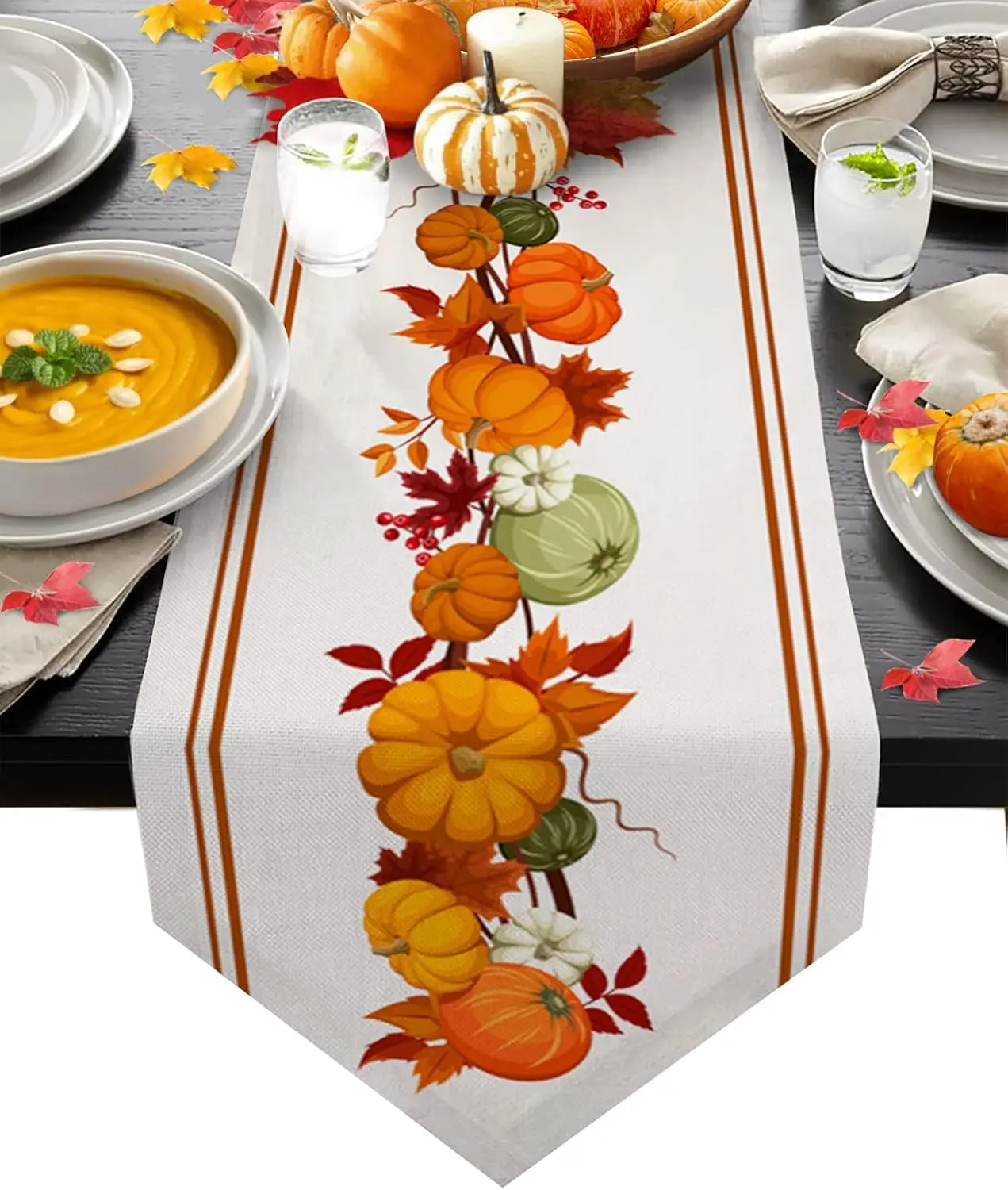 Autumn Maple Leaves Harvest Pumpkin Linen Table Runners Dresser Scarf Thanksgiving Farmhouse Holiday Wedding Dining Table Decor