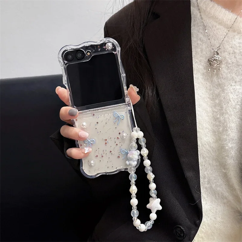 Чехол для телефона Samsung Galaxy Z Flip 3 4 5 6 3D браслет с жемчужным бантом Z Flip6 ZFlip6 Wave противоударный чехол