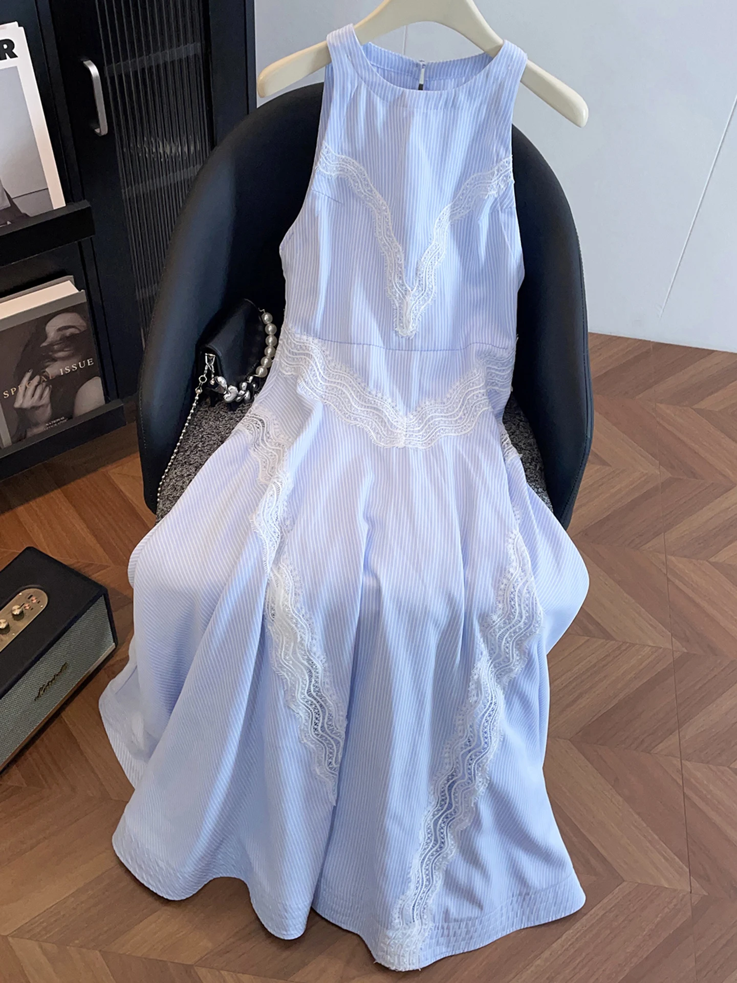 

S Home Nan You High End Women's Spring Summer Striped Hollow out Lace Vest Dress French Style High Waist A-Line Skirt